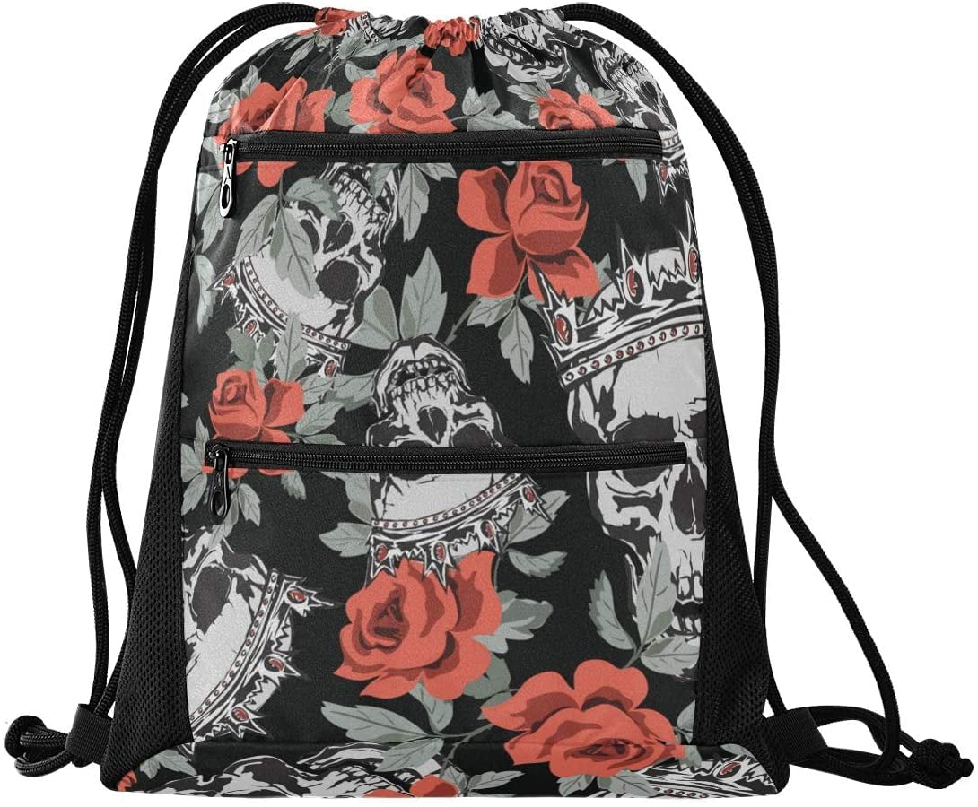 Drawstring Bag Skull Roses Lightweight Gym Sackpack for Hiking Yoga Gym Swimming Travel Beach with Zipper Mesh Pockets