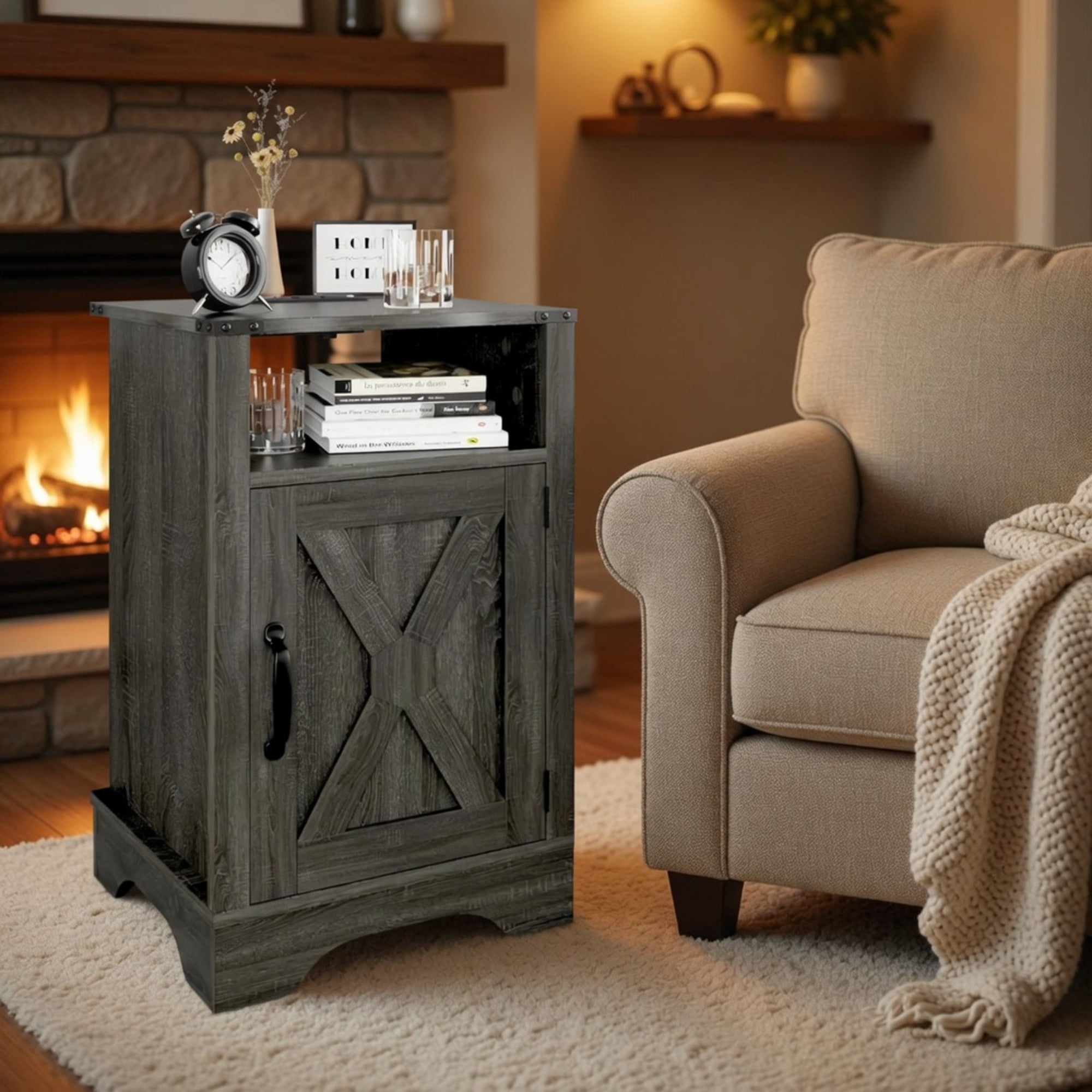 16" Dark Grey Farmhouse Nightstand w/ Charging Station & Storage