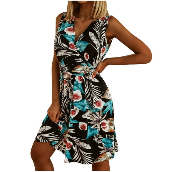 USSUMA Tropical Print Boho Midi Beach Dresses for Women Casual Summer V Neck Sleeveless Womens Sun Dresses Vacation Pleated Flowy Swing Knee Length Sundresses Wedding Guest for Women
