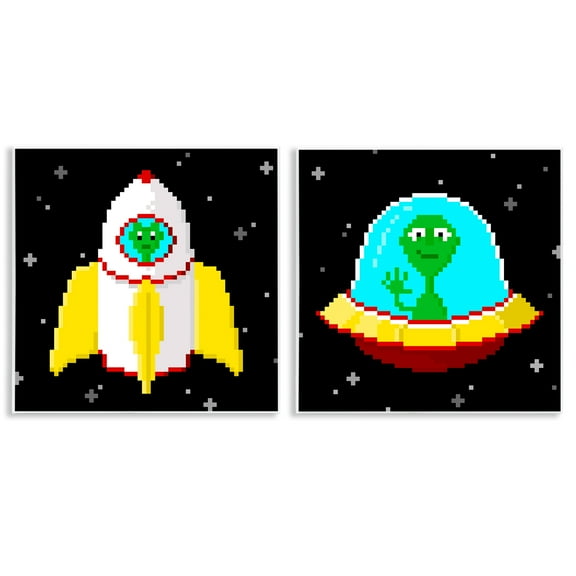 Stupell Industries Pixel Alien Spaceships Fantasy & Sci-Fi Painting Unframed Art Print Wall Art, 12 x 12, Set of 2