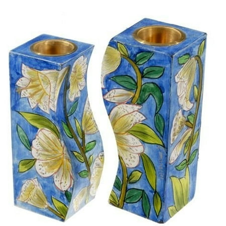 - Lilies, Floral Hand painted Shabbat Candlesticks by Yair Emanuel