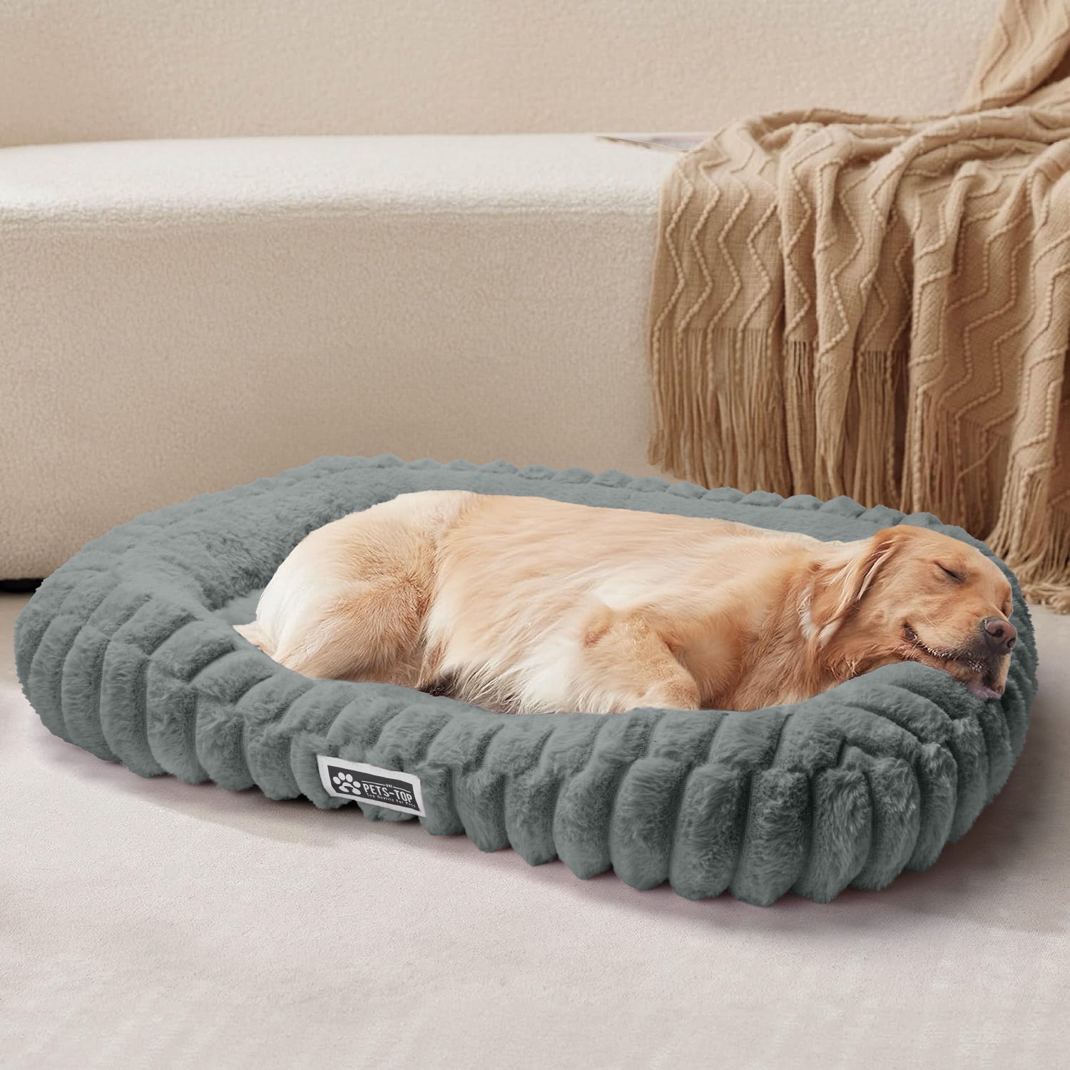 SANMADROLA Cute Dog Beds for Large Sized Dog, Washable Large Dog Beds, Rectangle Pet Beds for Big Dogs, Furry Bolster Soft Warming Calming Pet Bed with Non-Slip Bottom, 35.4"x27.2"x5.5",Dark Grey