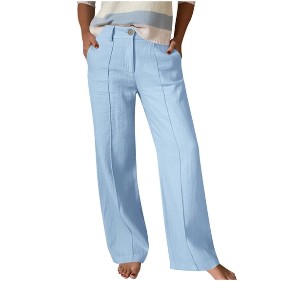 hlysgo Womens Casual Dress Pants Pleated High Waist Wide Straight Leg Pant Officewear Work Streetwear Trousers with Pockets Blue,XL