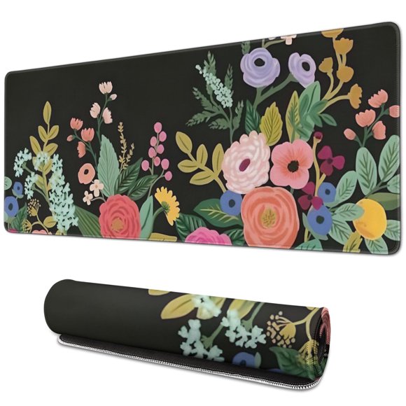 Tapis de Souris Allongé - Design Fleur Noire, 31.5 x 11.8 Pouces - Idéal pour le Jeu Ou le Bureau - Décoration de Bureau Attrayante - Parfait pour les Hommes et les Femmes - Adapté pour Ordinateur Portable et Clavier