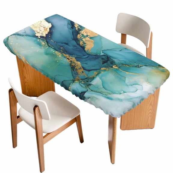 Turquoise Marble Table Cloths for 4 Foot Rectangle Tables, Abstract Minimalist Art Ombre Blue Patio Waterproof Elastic Fitted Tablecloths, Washable Rectangular Table Cover for Camping