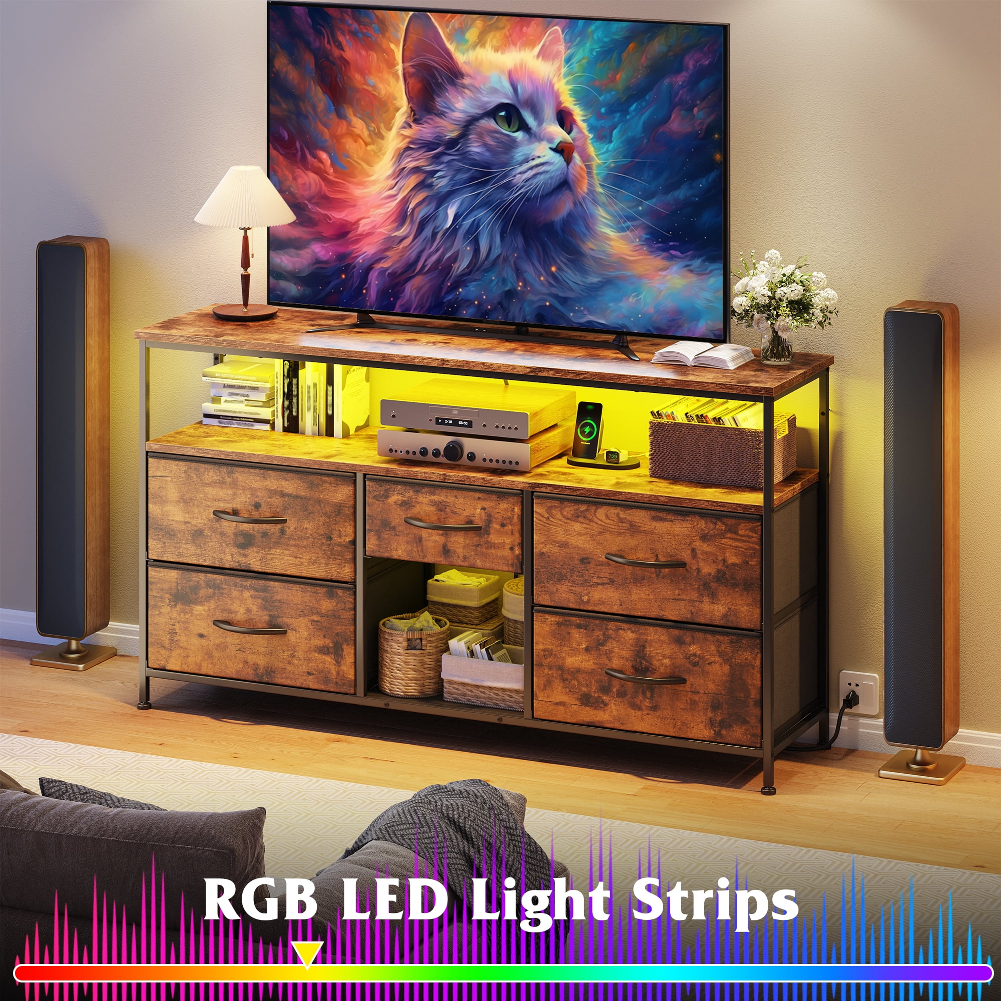 EnHomee 5 Drawers Dresser TV Stand for 50"Inch TV,Wide Dressers for Bedroom with LED Lights & Power Outlets,Rustic Brown