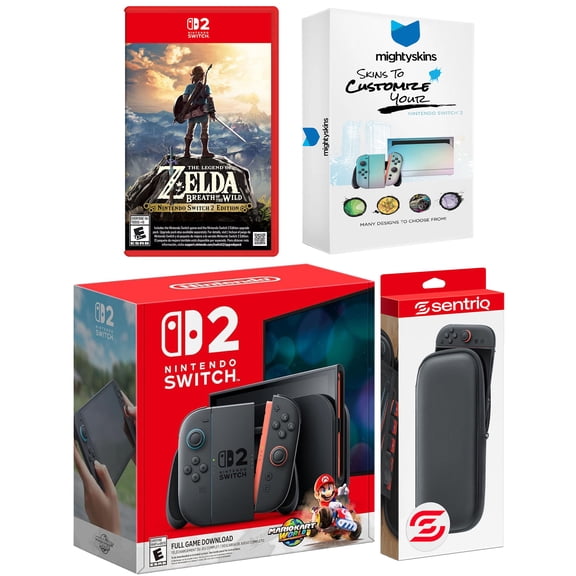 Nintendo Switch 2   Mario Kart World, Zelda Breath of the Wild, MightySkins Code and Protective Case Bundle
