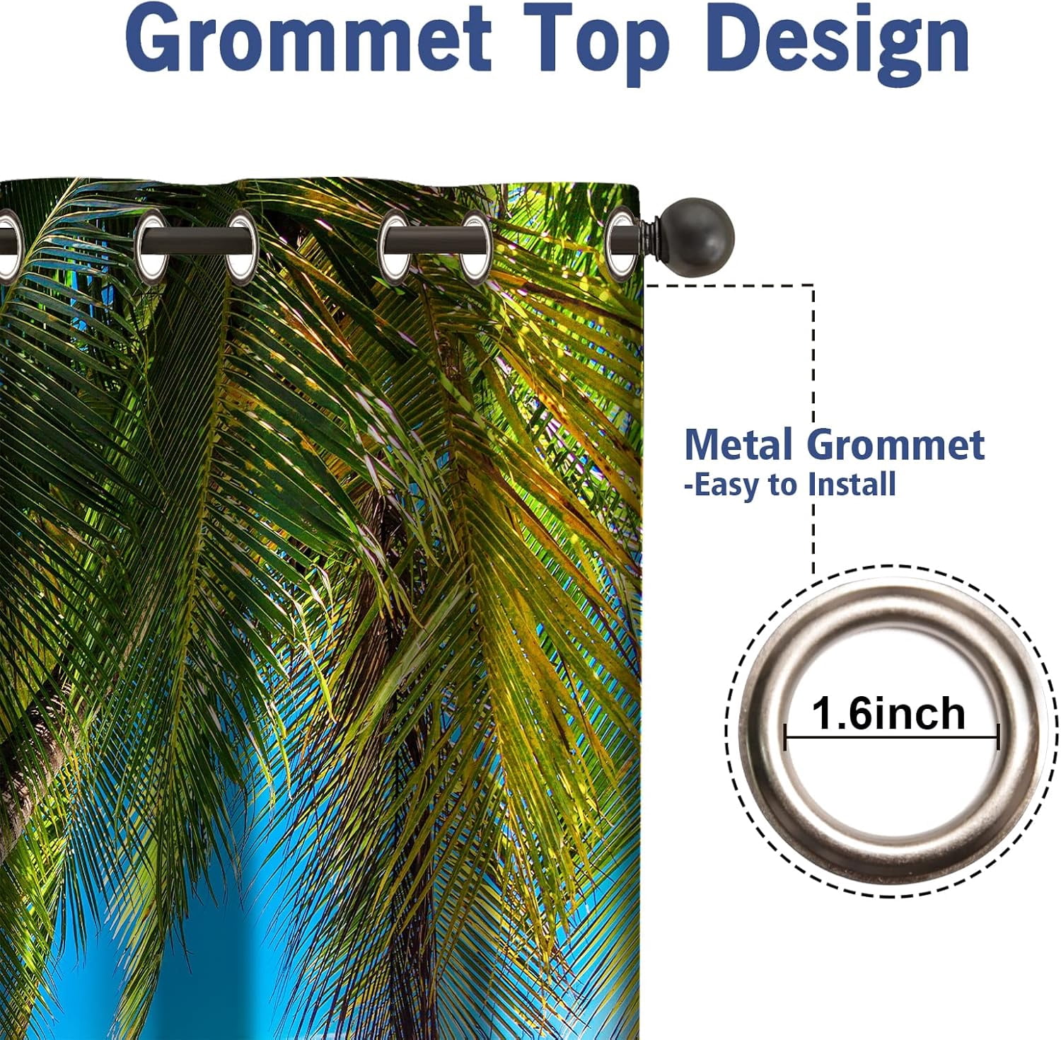 Ocean Palm Tree Blackout Curtains Tropical Beach Theme Clear Sea Island View Seaside Scenery Print Grommet Window Drapes Decor for Bedroom Living Room Blue 2 Panel Set, 52"x84"
