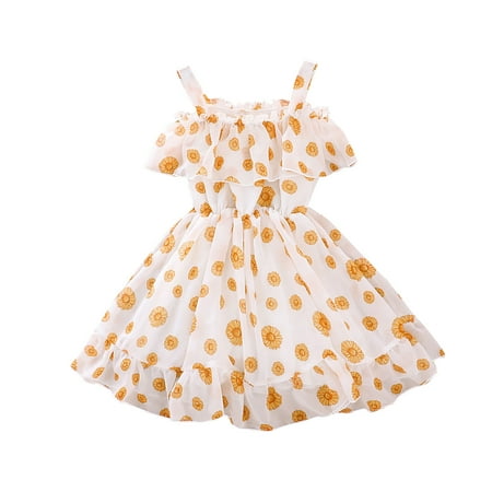

QWERTYU Infant Baby Toddler Child Children Kids Short Sleeve Ruffle Dresses Off Shoulder Summer Dress Floral Sundress for Girls 9M-6Y 100