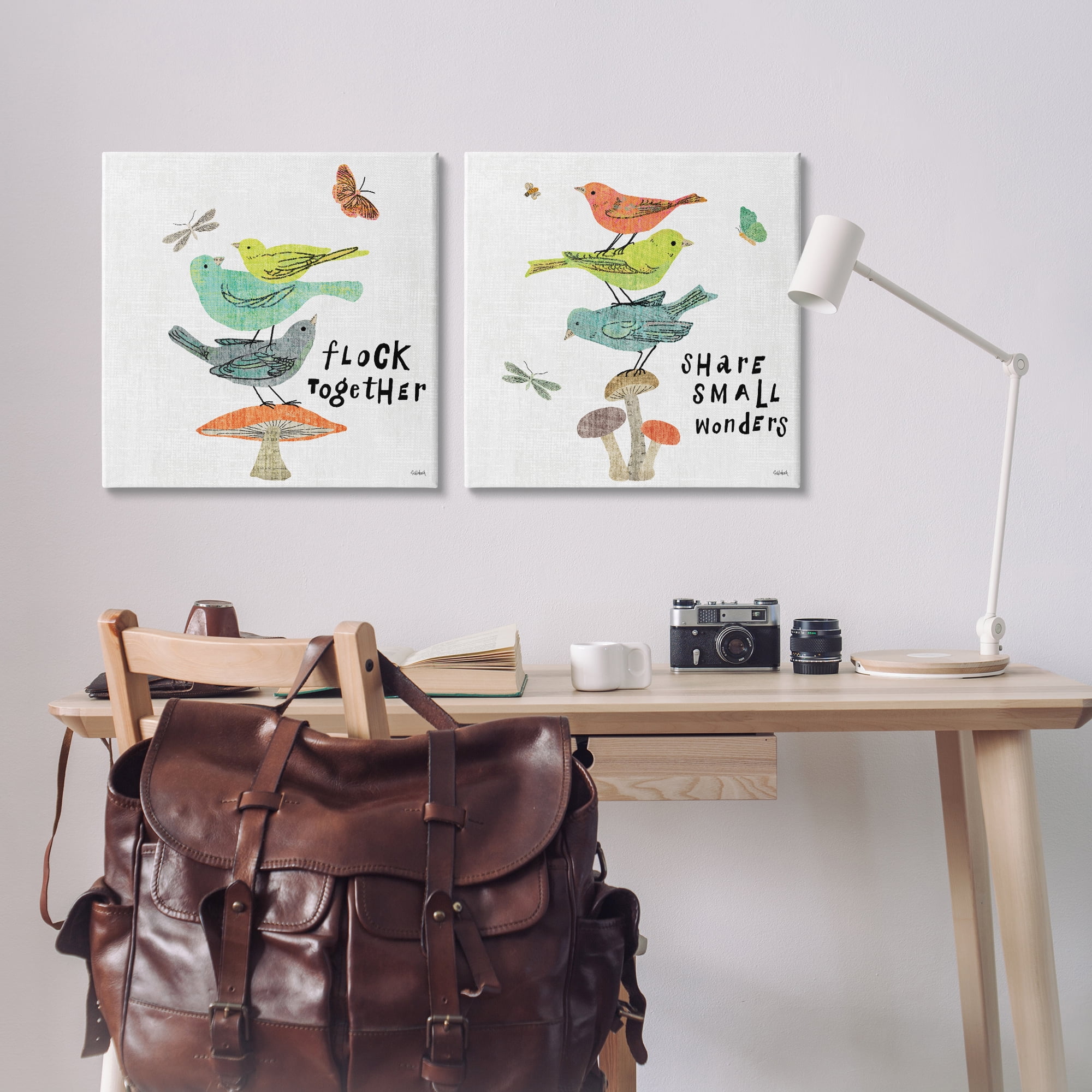Stupell Industries Flock Together Share Birds Animals Painting Wrapped Canvas Art Print Wall Art, 24 x 24, Set of 2
