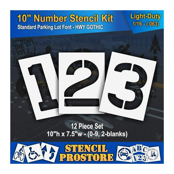 Pavement Stencils - 10 inch Number KIT Stencil Set - (12 Piece) - 10" x 7.5" x 1/16" (63 mil) - Light-Duty