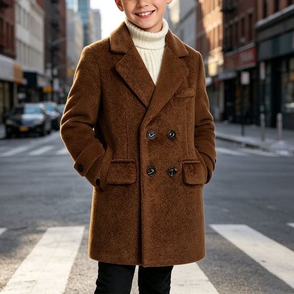 Boys Quilted Lined Wool Peacoat, Kids Double Breasted Mid Length Notch Lapel Overcoat Warm Fall Winter Tweed Outerwear Coffee
