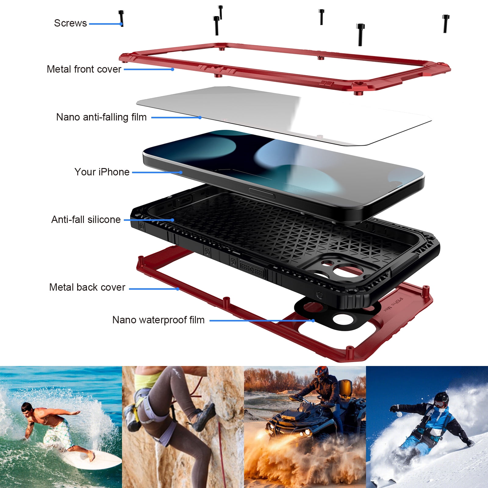 for iPhone 15 Pro Max Case, Military Grade IP68 Waterproof Dustproof Shockproof Full Body Sealed Underwater Case with Built-in Screen Protector Heavy Duty Metal Rugged Defender Phone Case,Red