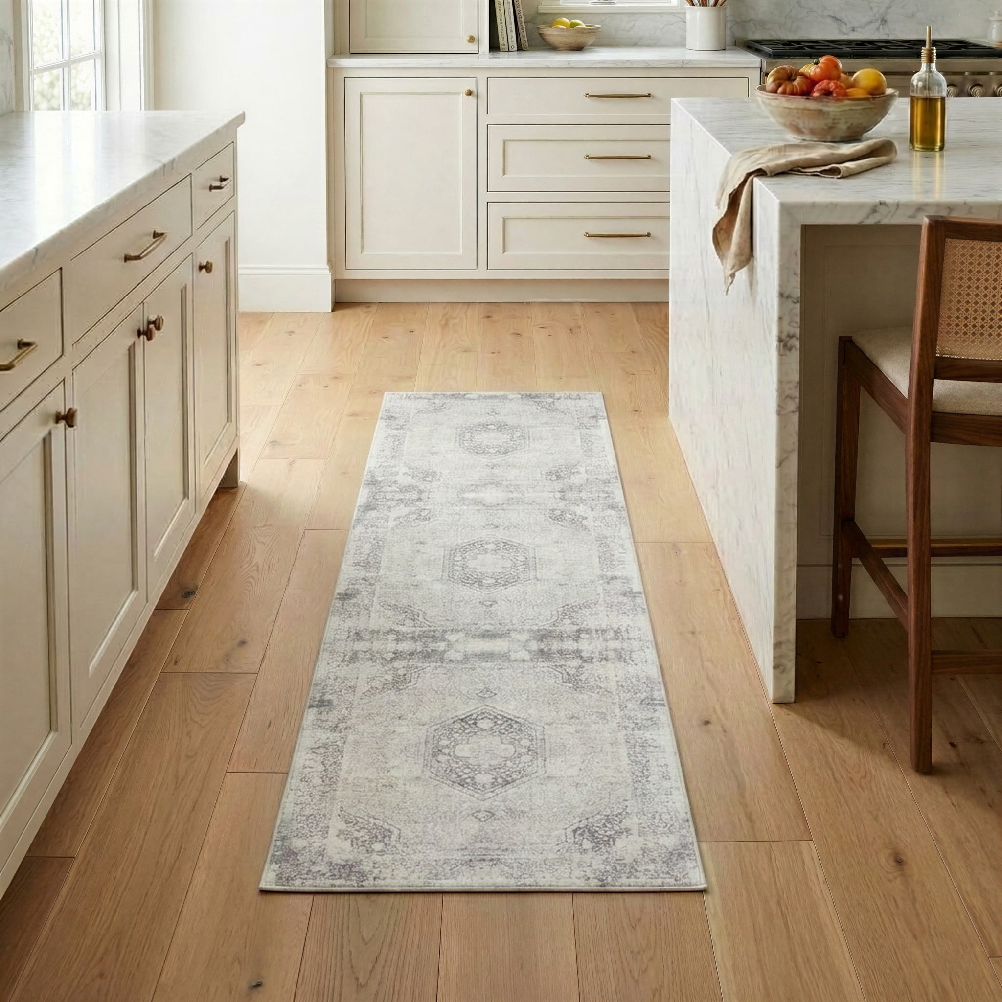 LR Home Brooke 2' x 5' Gray Medallion Waterproof Non-Slip Machine Washable Indoor Area Rug