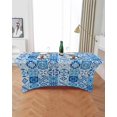 Ceramic Tiles Bohemian Floral Blue Elastic Table Skirt Wedding Hotel