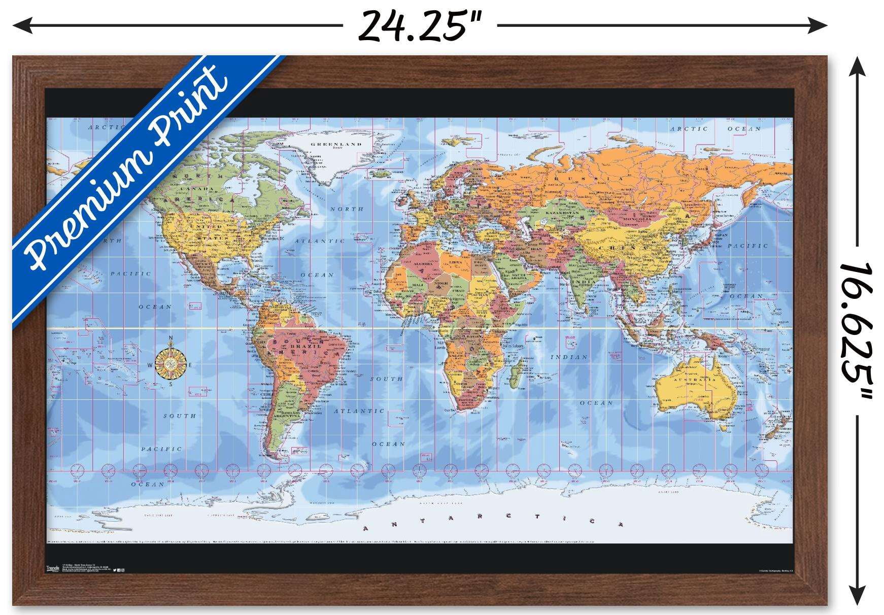 Map - World Time Zones Wall Poster, 14.725" x 22.375", Framed