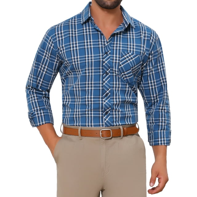 CAMISA DE VESTIR DE MANGA LARGA A CUADROS PARA HOMBRE INSPIRAR CHIC, CON COLLAR PUNTA Y BOTONES, CAMISA A CUADROS, TAMAÑO L, AZUL OSCURO