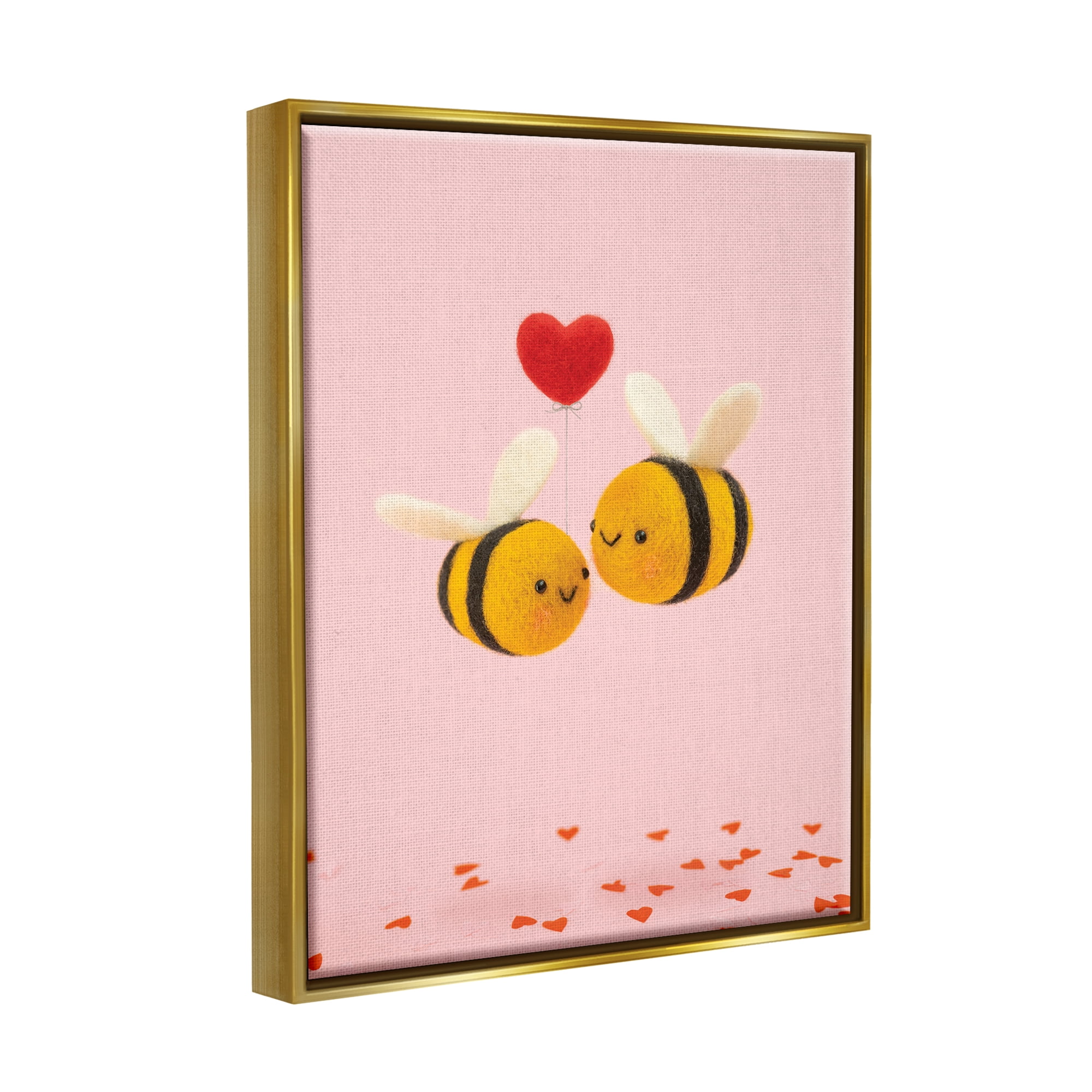 Stupell Industries Romantic Bumblebees Pink Hearts Holiday Photography Gold Floater Framed Art Print Wall Art