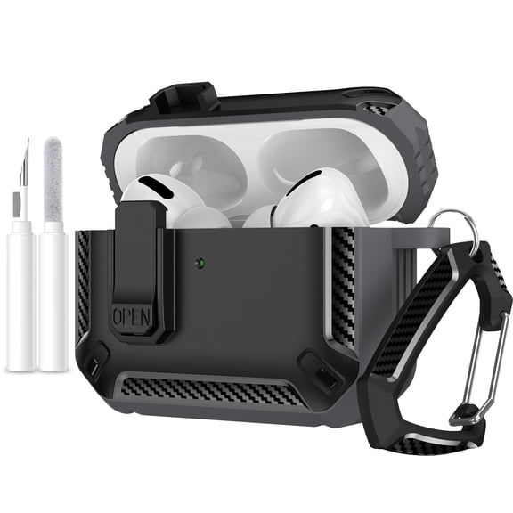 Favorn Rugged Case for Apple AirPods 5th 4th Generation with Secure Lock, Carbon Fiber Full-Body Protective Cover with Cleaning Kit and Keychain Carabiner for AirPods 5 4, Gray