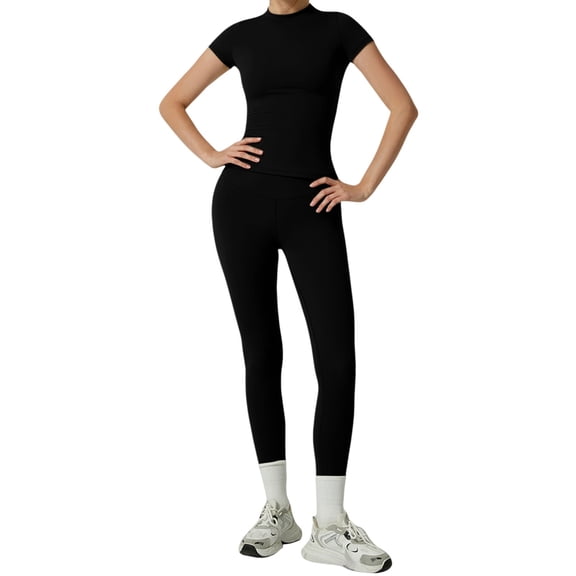 NMMUED Womens Two Piece Workout Sets Slim Fit Short Sleeve Shirt High Waist Leggings Yoga Outfits Matching Gym Set Black L