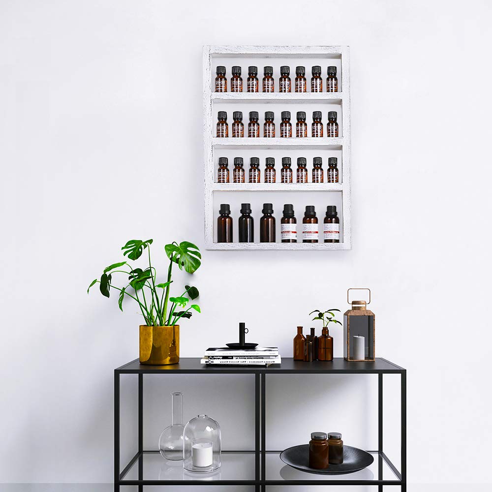 Oumilen Essential Oil Storage, Wall Mounted Wooden Display Shelf Rack for Essential Oils & Nail Polish, Rustic Gray White