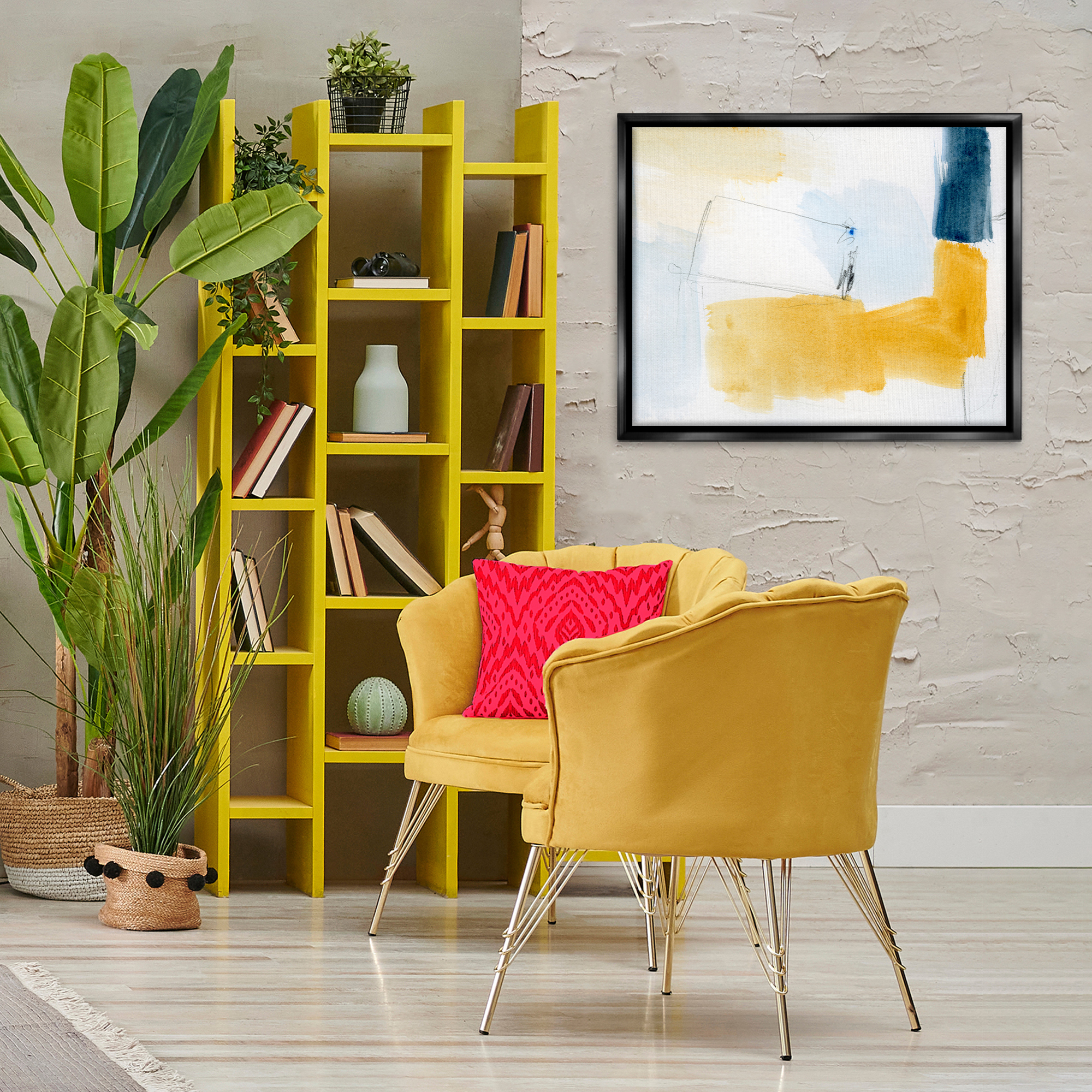 Stupell Industries Yellow & Blue Abstract Abstract Painting Black Floater Framed Canvas Art Print Wall Art, 31 x 25