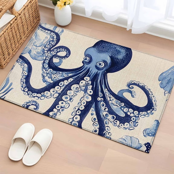 2x3 Ft Entryway Area Rug, Navy Blue Octopus Coastal Kitchen Rug Runner Washable Floor Mat, Nautical Summer Beach Rustic Non Slip Indoor Door Mat Throw Carpet for Bathroom Living Room Bedroom