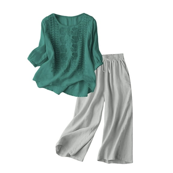 BLOCLOALO 2 Piece Lounge Set 3/4 Sleeve Tops Linen Cotton Set Casual Loose Fit Outfit with Top and Pants Breathable Comfortable Beach Embroidered Tops Elastic Waist Pants Comfy Set Blackish Green S