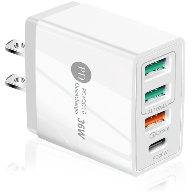 HONGHCL Cargador de Carga Rápida 36W 4 en 1, Cargador USB C y 3 USB A 3.0, Cargador Portátil con 4 P