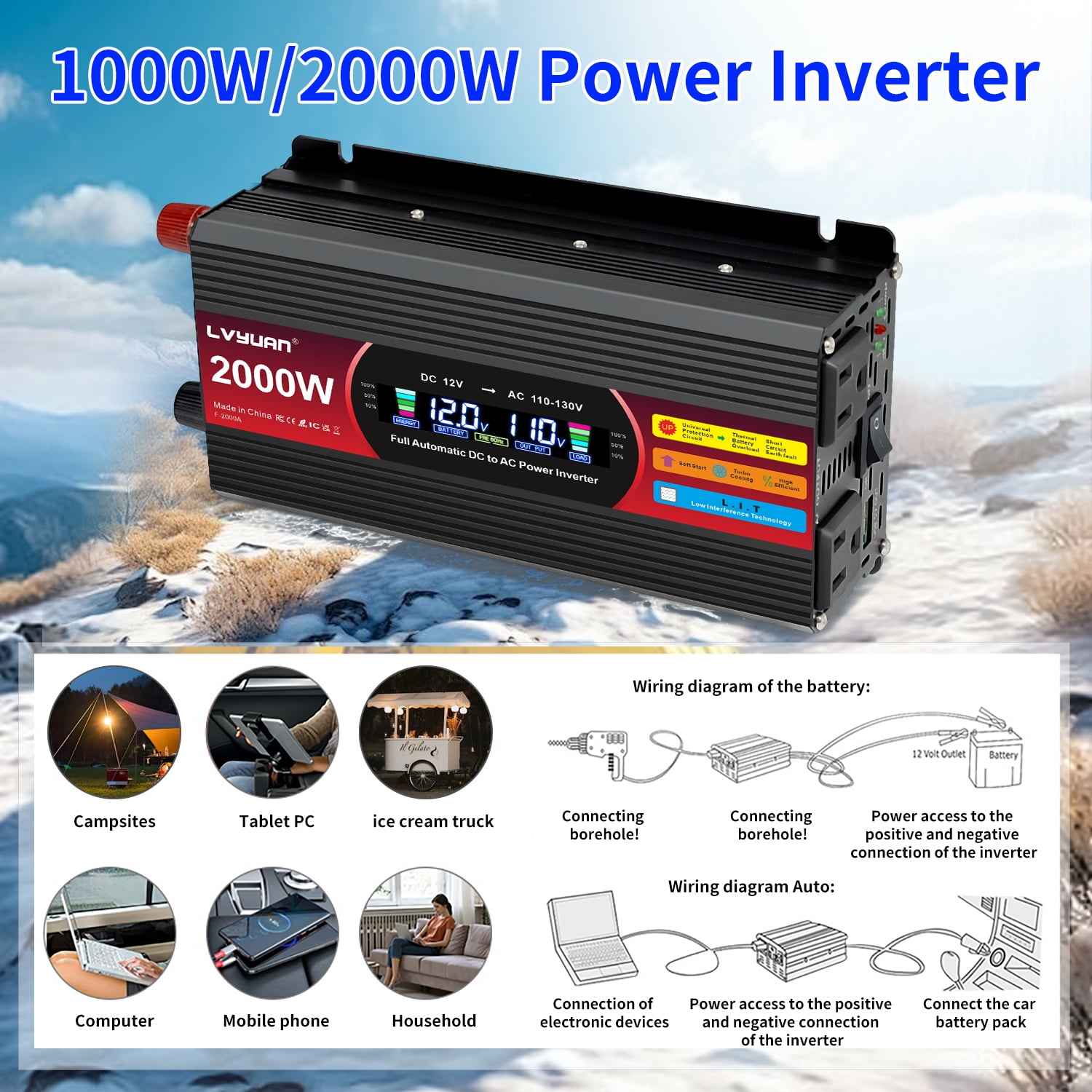 LVYUAN 1000W 2000W Modified Sine Wave Peak Power Inverter, 12V DC to 110V AC Car Inverter with Dual USB & AC Outlets, LCD Display, Black for RV, Truck, Camping, Travel (Inversor de Energía para Auto)