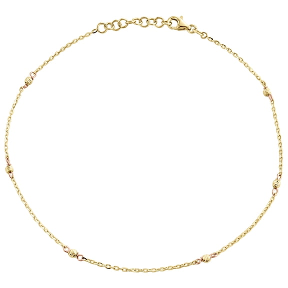 14K Yellow & Rose Gold Fancy Cable Link Moon Cut Beaded Anklet 9.50" 1" Ext.