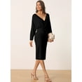 thumbnail image 4 of Unique Bargains Women's Deep V Neck Wrap Lantern Sleeve Belted Mini Sweater Dress L Black, 4 of 6