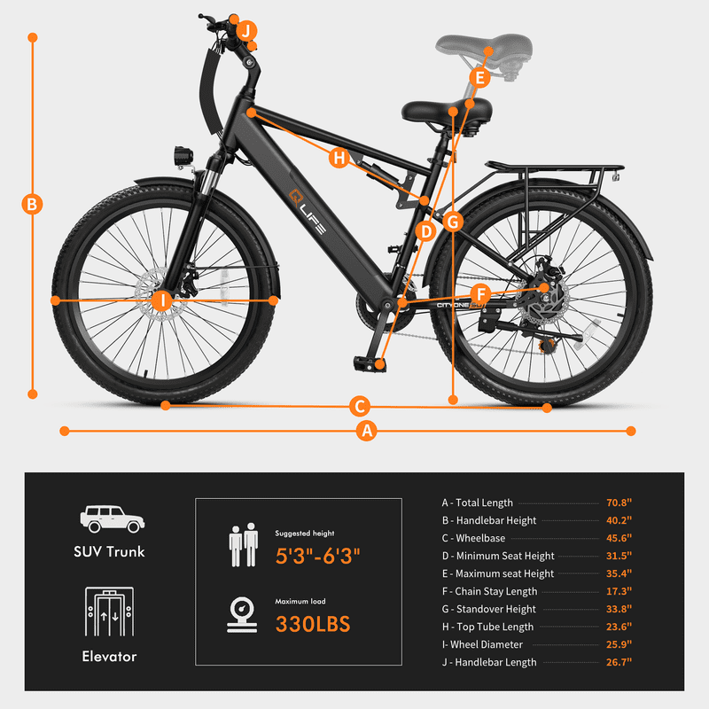 Qlife Cityone SO Electric Bike for Adults 26" Ebike,Full Suspension Peak 1200W Motor Ebikes with 21 Speed Carbon Steel Mountain Bicycle Black