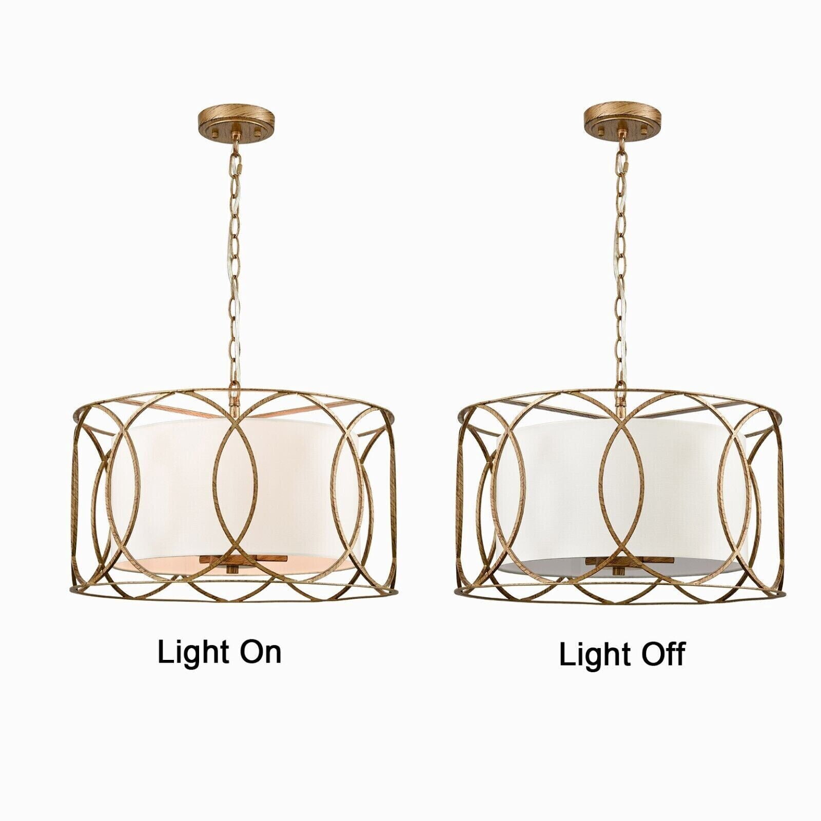 Brass Drum Pendant Light 3-Light Dining Table Fixture with White Linen Diffuser