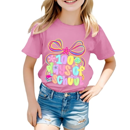 Ulitacool Girls T Shirt Comfortable Short Sleeve Tops Round Neck Cartoon Prints Tee Tops Girl Summer Clothing 10-11 Years Pink