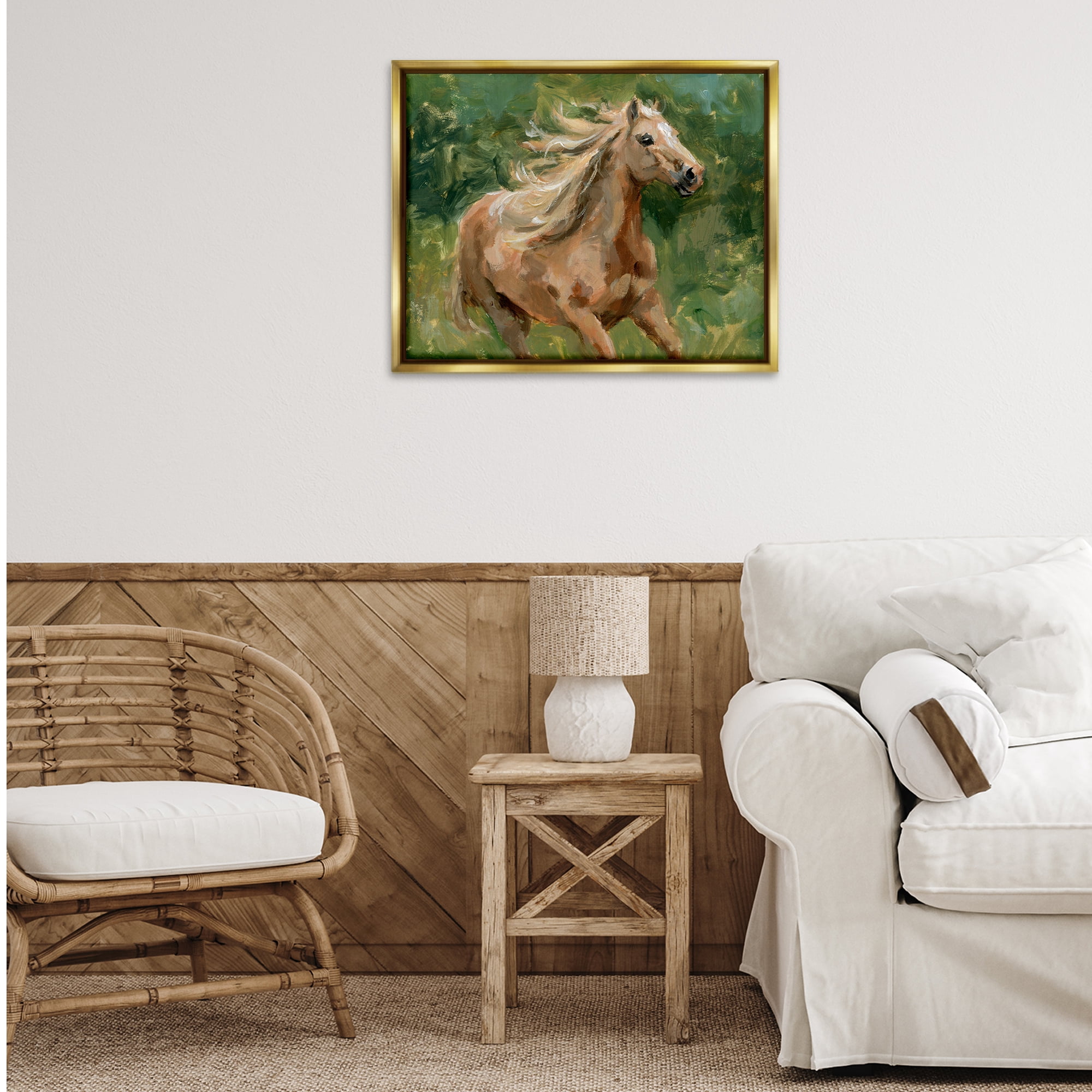 Stupell Industries Dashing Horse in Nature Animals Painting Gold Floater Framed Canvas Art Print Wall Art, 31 x 25