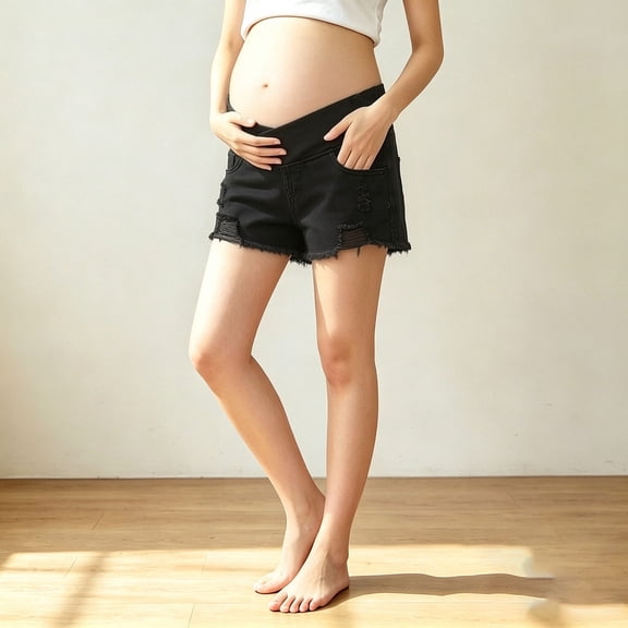 Pounoo Women's Maternity Shorts Over Belly Frayed Detail Denim Shorts Summer Style Breathable Relaxed Fit Maternity Shorts Gift