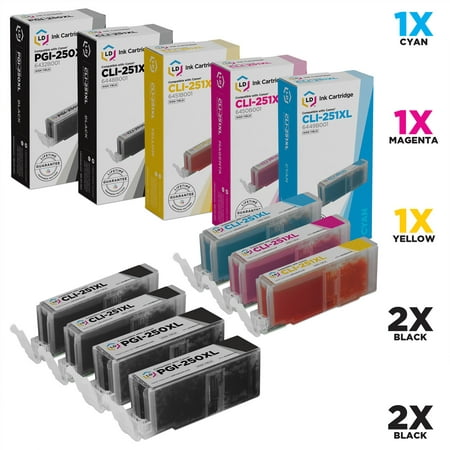 LD ©Compatible Canon Set of 7 PGI-250XL & CLI-251XL High Yield Inkjet Cartridges: 2 Pigment Black, 2 Black 1 Cyan, 1 Magenta and 1 Yellow for Canon PIXMA IP7220, MG5420, MX722, MG6320 & MX922