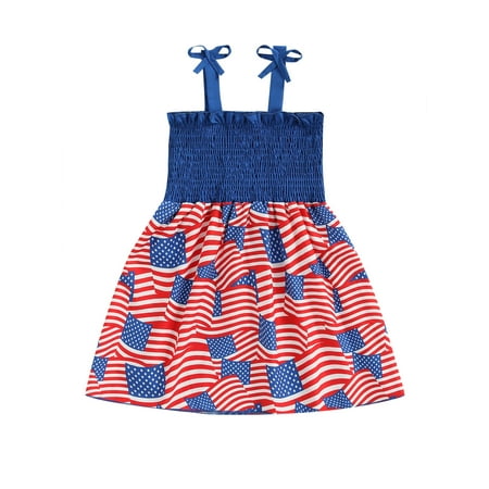 

Canrulo Toddler Baby Girl 4th of July Dress Outfit Summer Sleeveless Ruffle Straps American Flag Party Dresses Blue 18-24 Months