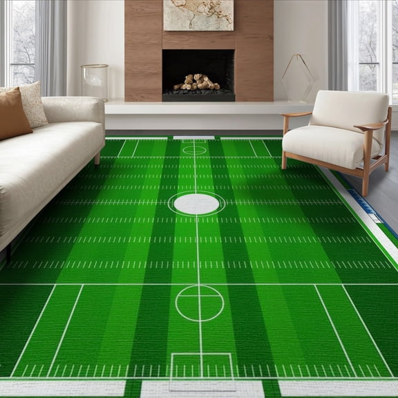 ODIKA 8'x10' Washable Area Rug Football Field Sport Theme With Yard Line Stripes And Goal Marks for Living Room, Under Sectional, Family , Durable, Non-Slip