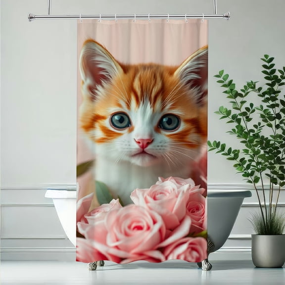 RKSupls Kitten with Pink Roses Shower Curtain, Valentine's Day Waterproof Shower Curtain with Hooks for Home Bathtub Bathroom Decor Washable Fabric Curtains,90x180cm