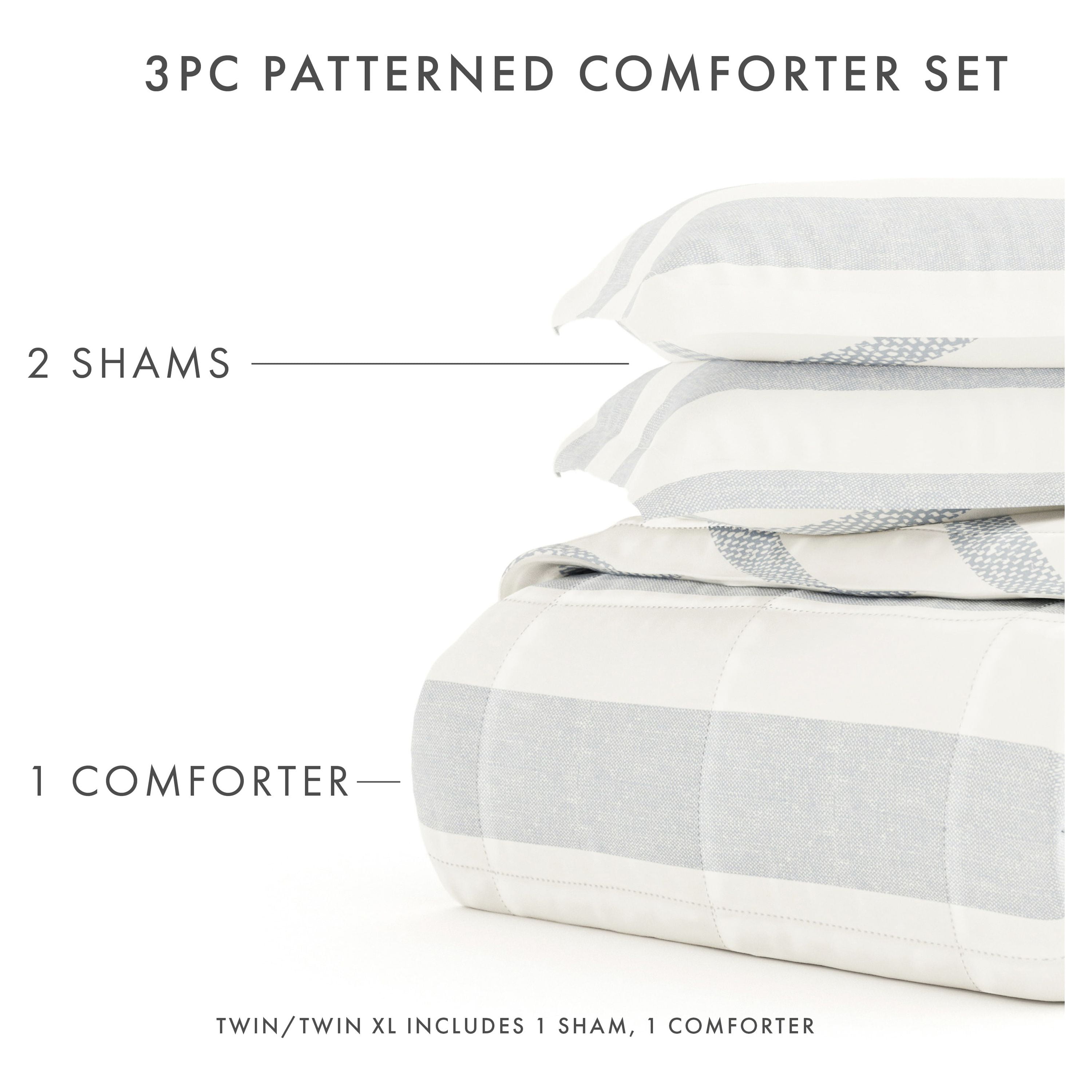 Noble Linens 3-Piece Light Gray Distressed Stripe ReversiblePrint Comforter Set, King/CalKing