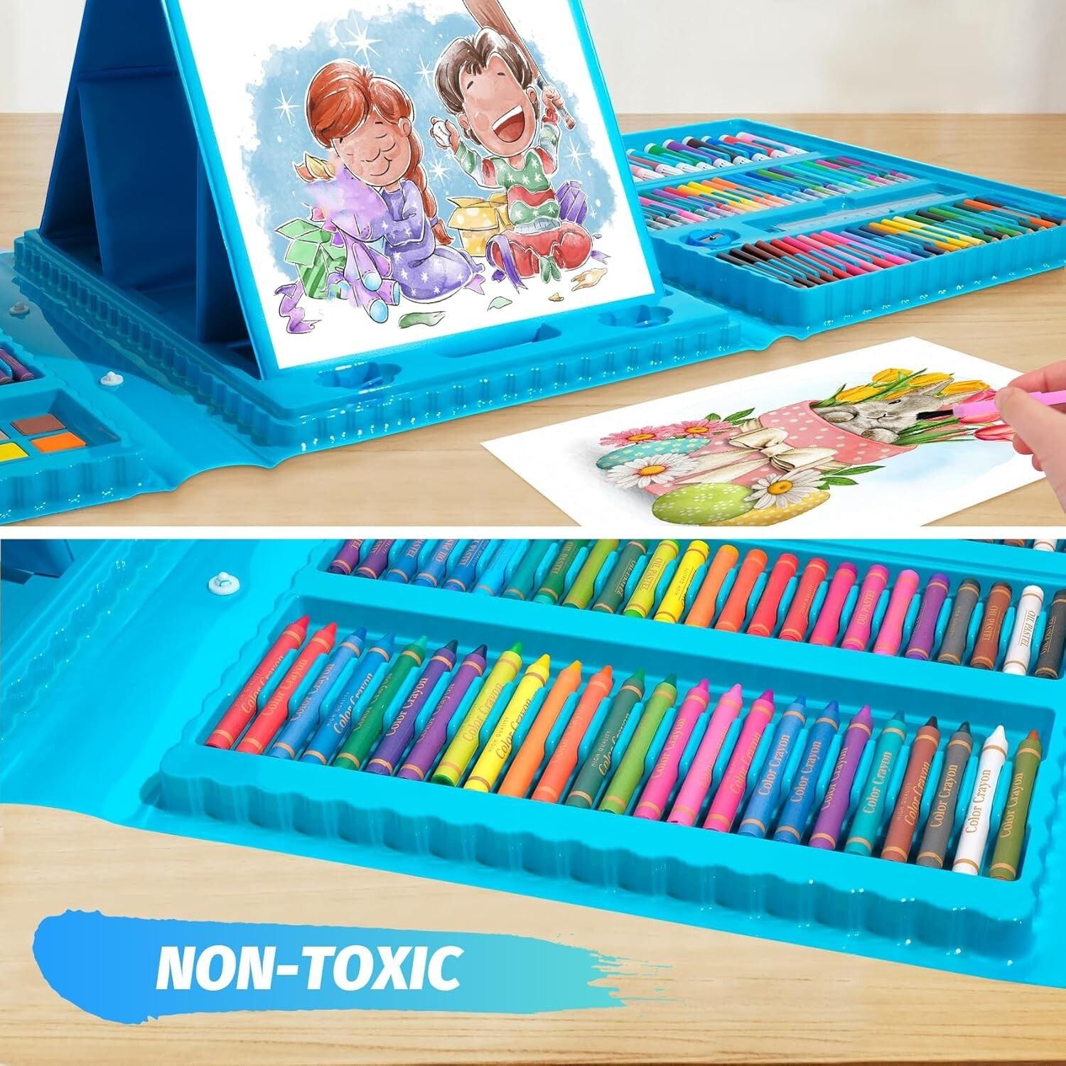 Art Supplies, 208 Pack Art Sets Crafts Drawing Coloring kit, Double-Side Trifold Easel, Oil Pastels, Crayons, Colored Pencils, Creative Gift for Beginners Artists Girls Boys Kids (Blue)
