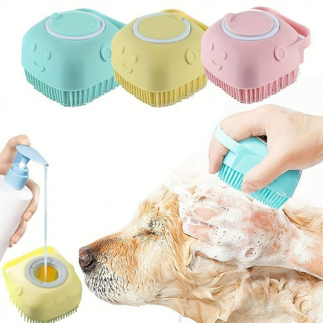 3-Color Pet Shampoo Brush Set - Soft Silicone Bristles With Built-in Storage, Non-Slip Dual-Sided Grooming Tool For Dogs & Cats