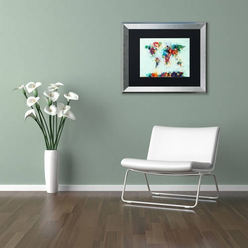 Trademark Fine Art "World Map Paint Splashes" Canvas Art by Michael Tompsett, Black Matte, Silver Frame