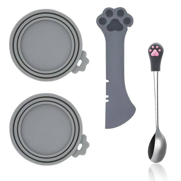 Cat Food Can Spoons & Can Lids | 4 Pcs | Multi-Function Can Opener | Silicone Pet Food Can Covers | Stainless Steel Wet Food Spoon for Cats and Dogs(Grey)