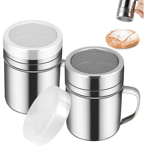 polvos de azúcar en polvo con asa, acero inoxidable de malla fina de acero inoxidable con tapa de plástico, agitr de draga de tamiz para polvo, azúcar, canela, cacao, café, harina, sal (6 onzas)