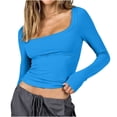 thumbnail image 2 of AXXD Womens Blouses for Work Professional Blue Basic Summer 2024 Trendy Long Sleeve Top Slim Temperament Solid Color Base Shirt Sexy Spice Girl T-shirt, 2 of 5