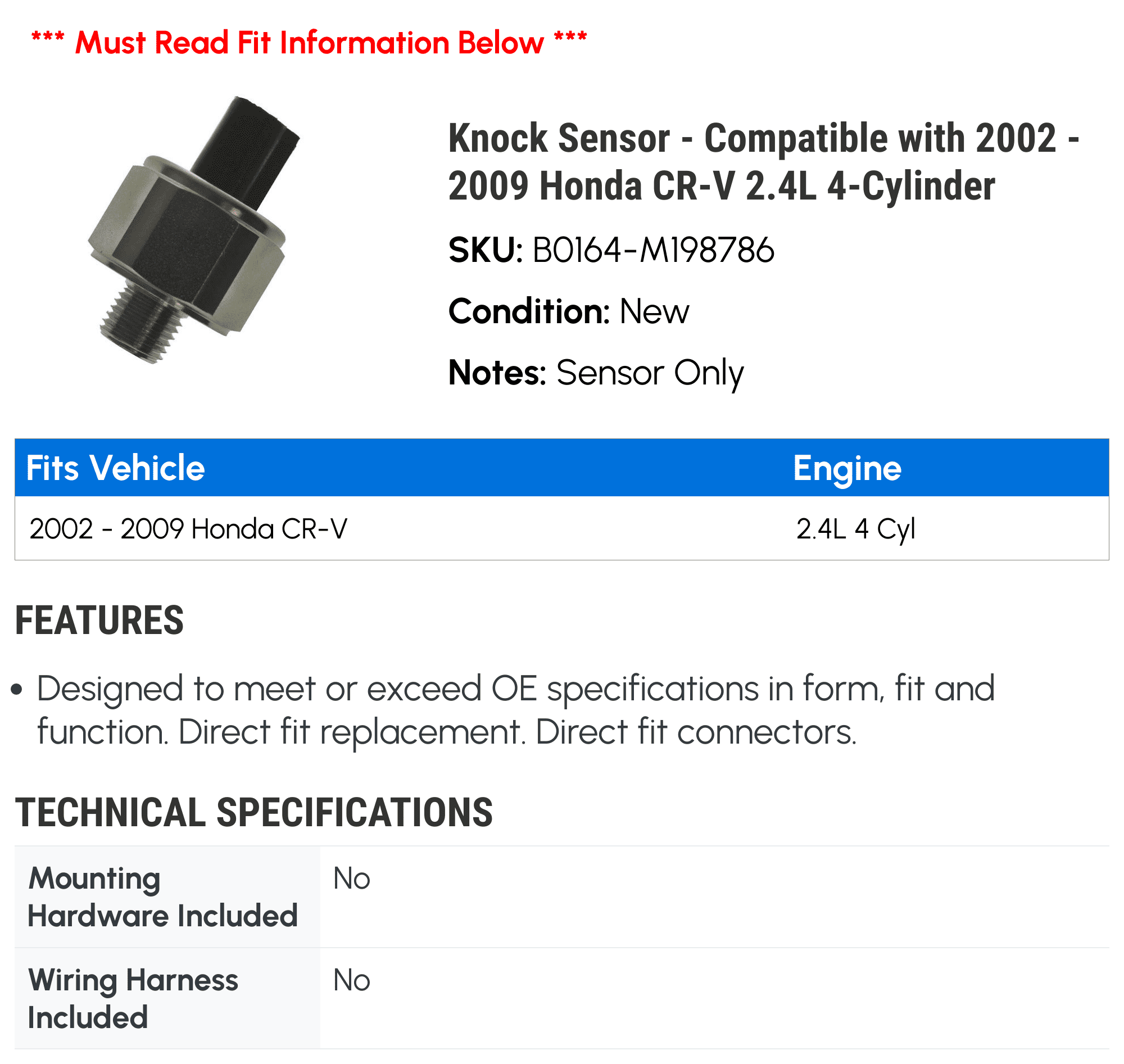 Knock Sensor - Compatible with 2002 - 2009 Honda CR-V 2.4L 4-Cylinder 2003 2004 2005 2006 2007 2008