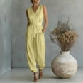 thumbnail image 4 of Women's Summer 2 Piece Outfits Sleeveless V Neck Belted Crop Tops Wide Leg Pant Sets Casual Tracksuit Yellow, 4 of 7